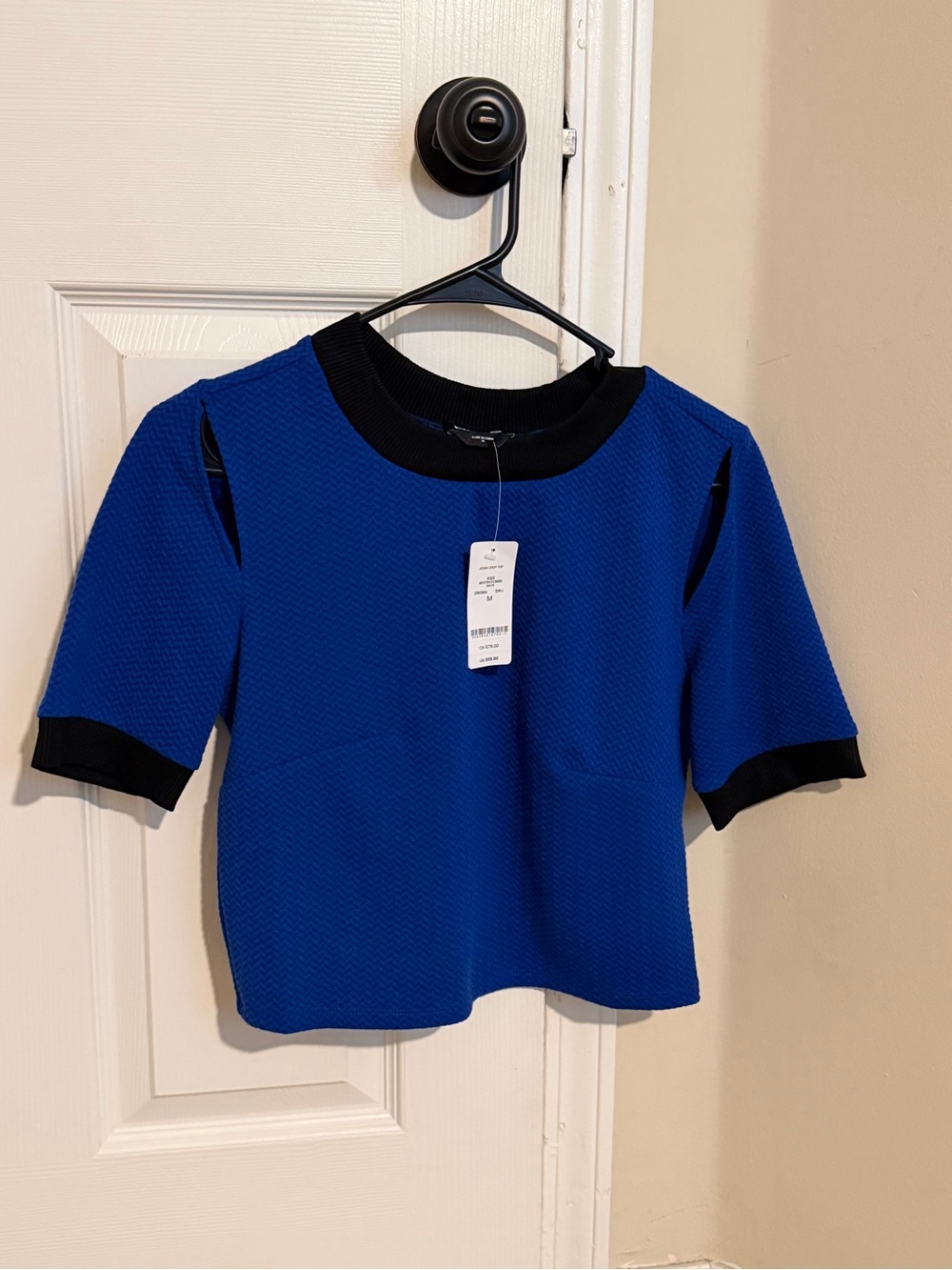 Bebe Cobalt Blue Crop Top Short-Sleeve with Black Trim and Shoulder Cut Outs